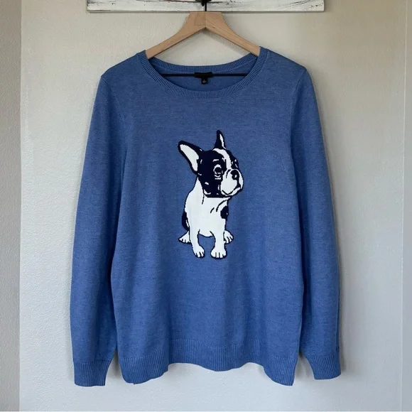 TALBOTS L French Bulldog Crewneck Pullover Sweater Frenchie Parisian French Blue - Picture 3 of 11